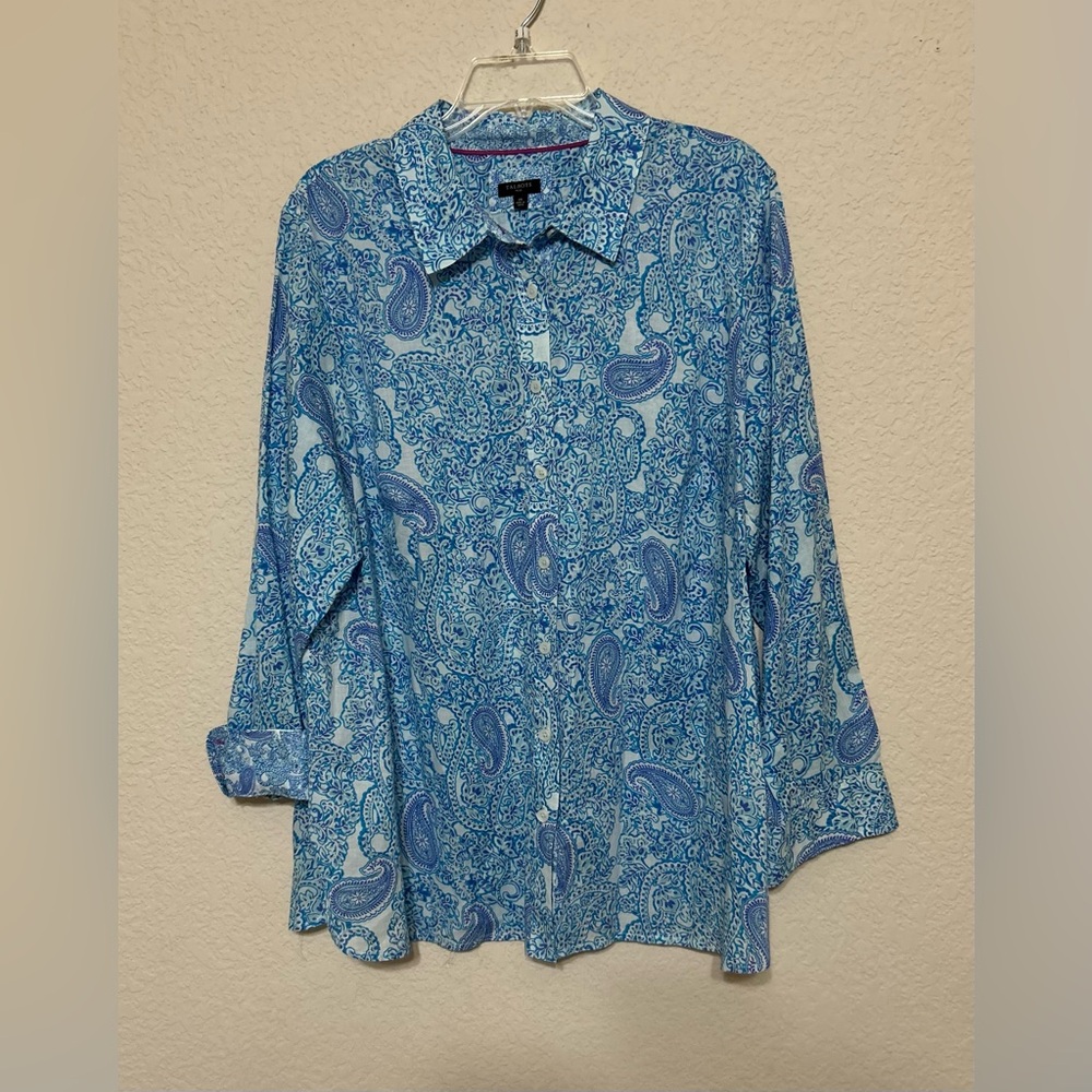Talbots Womens Long Sleeve Button Up  Paisley Top Size 2X Lightweight Blue White